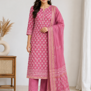 Women's Pink Maheshwari Silk Suit &  Cottan Bottam with Mirror Work Hand Embroidery