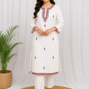Women's White Floral Kashmiri Hand Embroidered Lilan Kurti