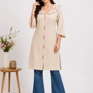 Women's Beige Floral Embroidered Cotton Kurti