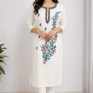 Elegant White Floral Embroidered Cotton Kurti