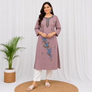 Women's Mauve Floral Kashmiri Hand Embroidered Lilan Kurti