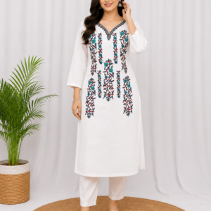 Women's White Floral  Kashmiri Hand Embroidered Lilan Kurti