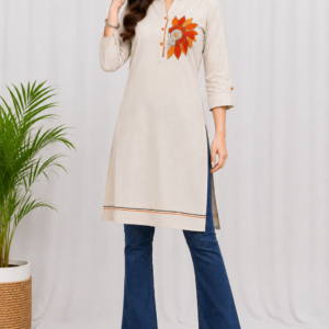 Beige Sunflower Embroidered Kurti