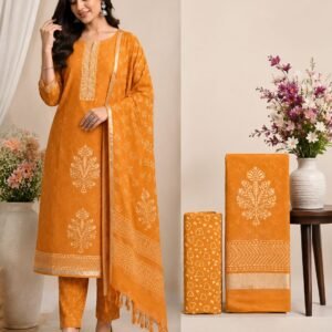 Orange Maheswari Silk Unstitched Suit