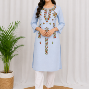 Sky Blue Floral Hand kashmiri Embroidered Lilan Kurti