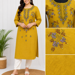 Women's Mustard Yellow Floral Kashmiri Hand Embroiderye Lilan kurta          Cotton Kurti
