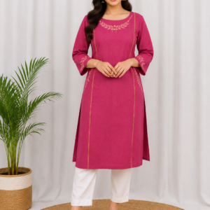 Women's Pink Embroidered Cotton Kurti