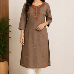 Brown hand Embroidered 100% Lilan Kurti